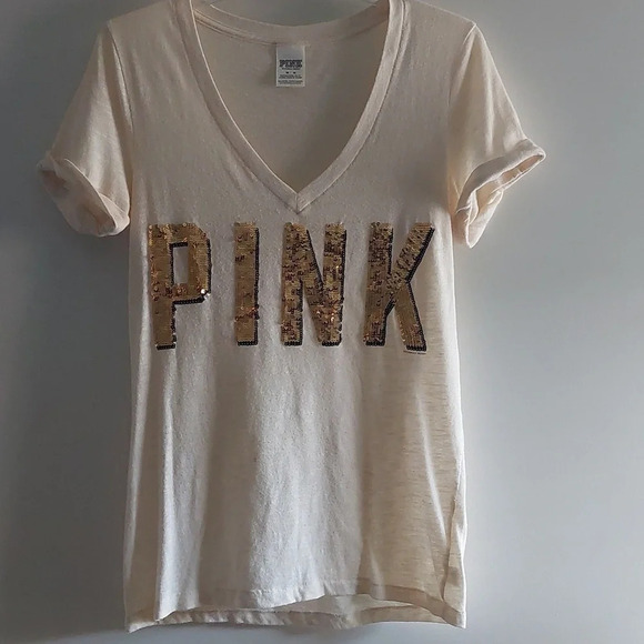 Victoria's Secret PINK Cream sequins bling v neck lightweight t-shirt Medium - Picture 1 of 4